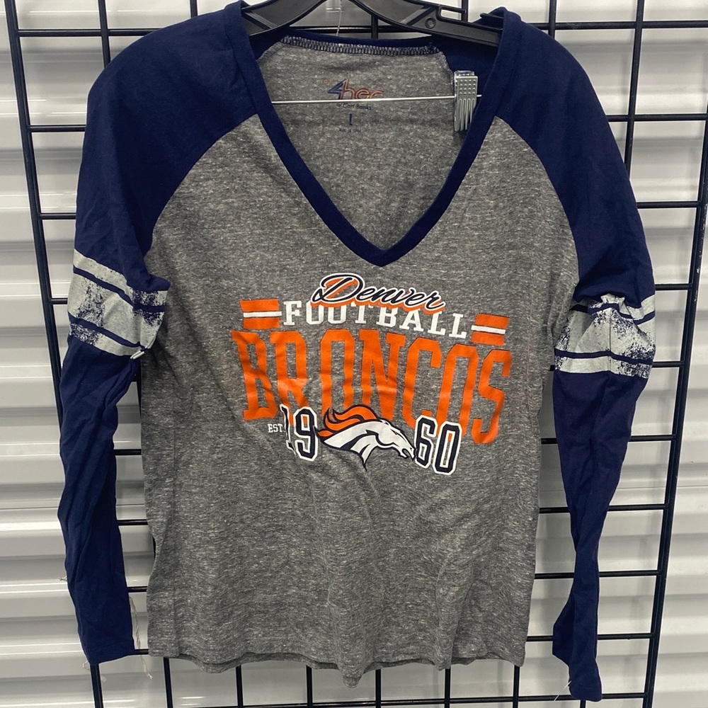 Denver Broncos Womens Long Sleeve V-Neck Tee - Grey and Navy